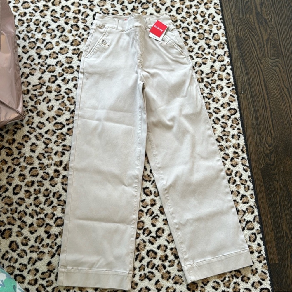 Spanx stretch twill cropped wide leg pants bone